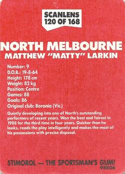 1989 Scanlens VFL #120 Matthew Larkin Back